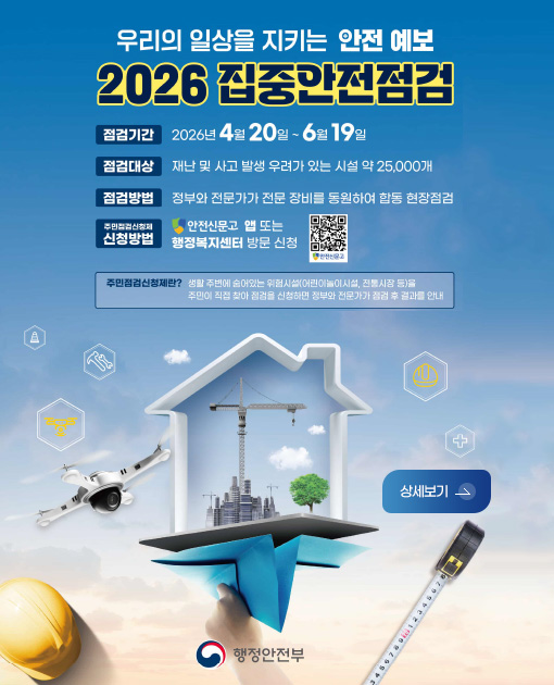 우리의 일상을 지키는 안전 예보
2026 집중안전점검

점검기간
2026년 4월 20일 ~ 6월 19일

점검대상
재난 및 사고 발생 우려가 있는 시설 약 25,000개

점검방법
정부와 전문가가 전문 장비를 동원하여 합동 현장점검

주민점검신청제 신청방법
안전신문고 앱 또는 행정복지센터 방문 신청

QR코드링크(https://m.site.naver.com/1ZgQ6)
안전신문고

상세보기 >