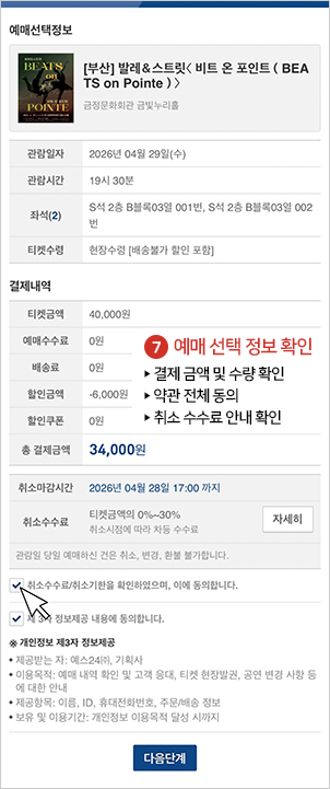 예매 선택 정보 확인 ▶ 결제 금액 및 수량 확인 ▶ 약관 전체 동의 ▶ 취소 수수료 안내 확인